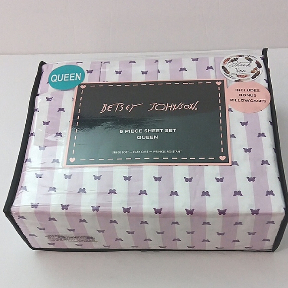 Betsey Johnson White & Purple Striped Butterfly Queen 6 Piece‎ Sheet Set NEW